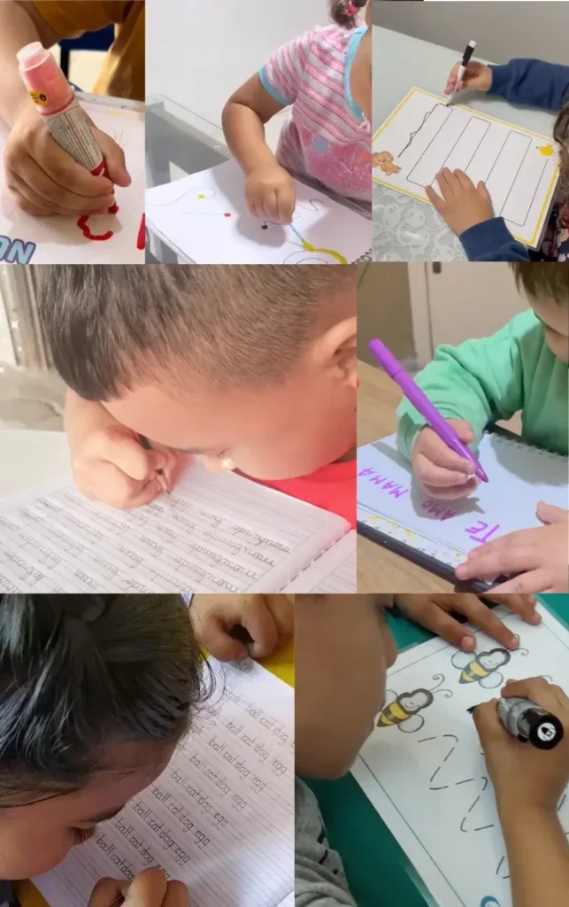 Crianças fazendo as atividades de grafismo fonético